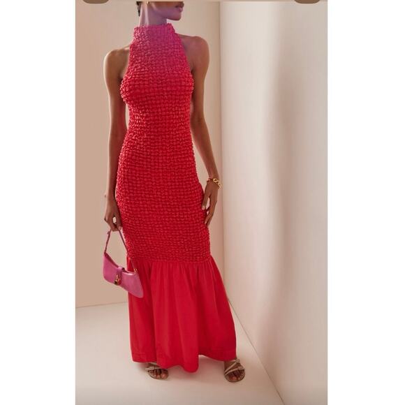 STAUD Hibiscus Red Smocked Stretchy Cotton Poplin Mermaid-Style Dress sz M - Picture 1 of 16
